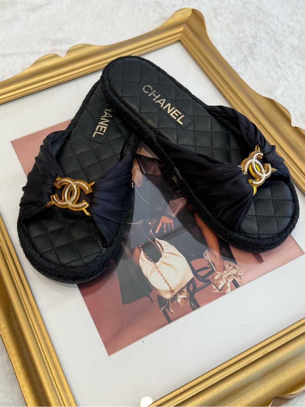 CHANEL Black CC Logo Quilted Slide Sandals size 37